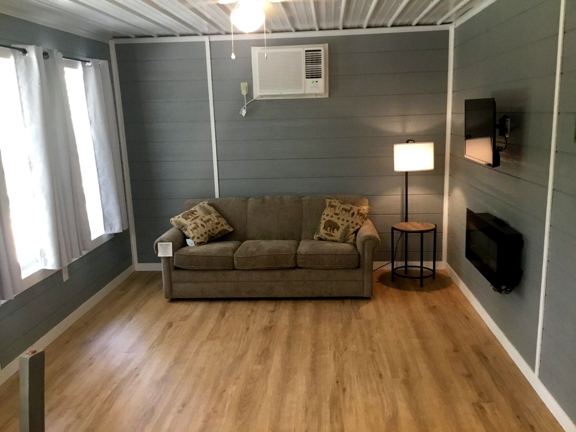Cabin living room with fireplace